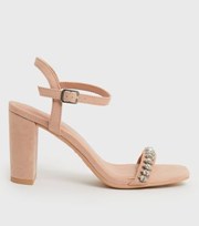 New Look Pale Pink Suedette Gem Embellished Block Heel Sandals